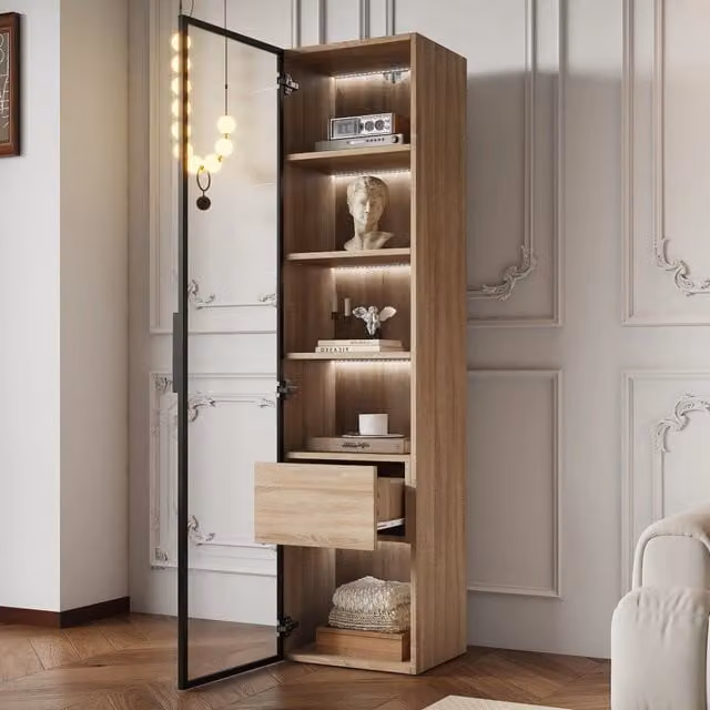 Armadietto OKWISH moderno per bagno e soggiorno con ante in vetro temperato e vani aperti, in MDF, beige e marrone