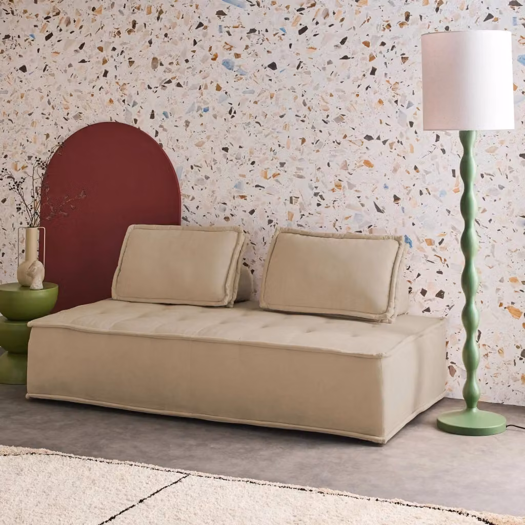 Divano modulare Sweeek a 2 posti in tessuto beige e grigio con cuscini inclusi per soggiorno – 2