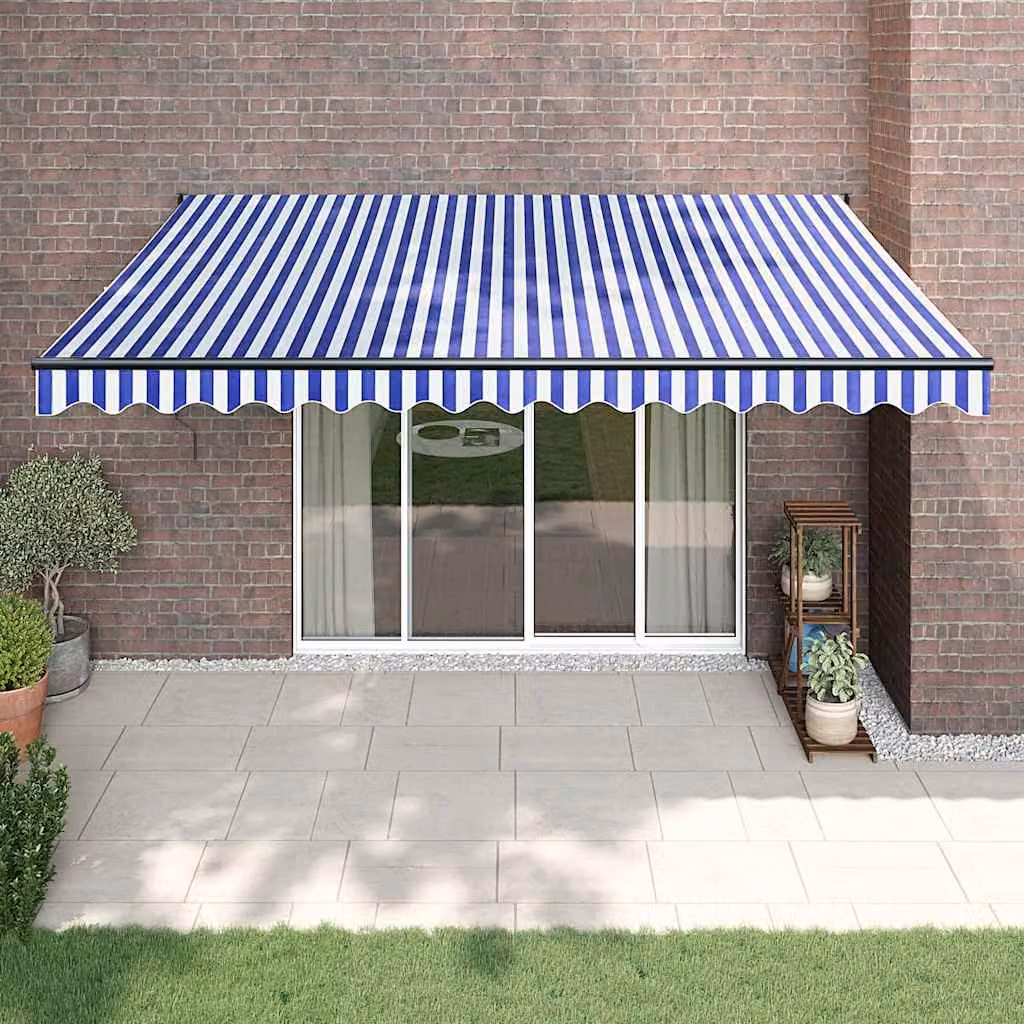 Tenda da sole retrattile vidaXL con bracci pieghevoli in alluminio e tessuto in poliestere, Blu e Bianca, L: 450 cm x P: 300 cm