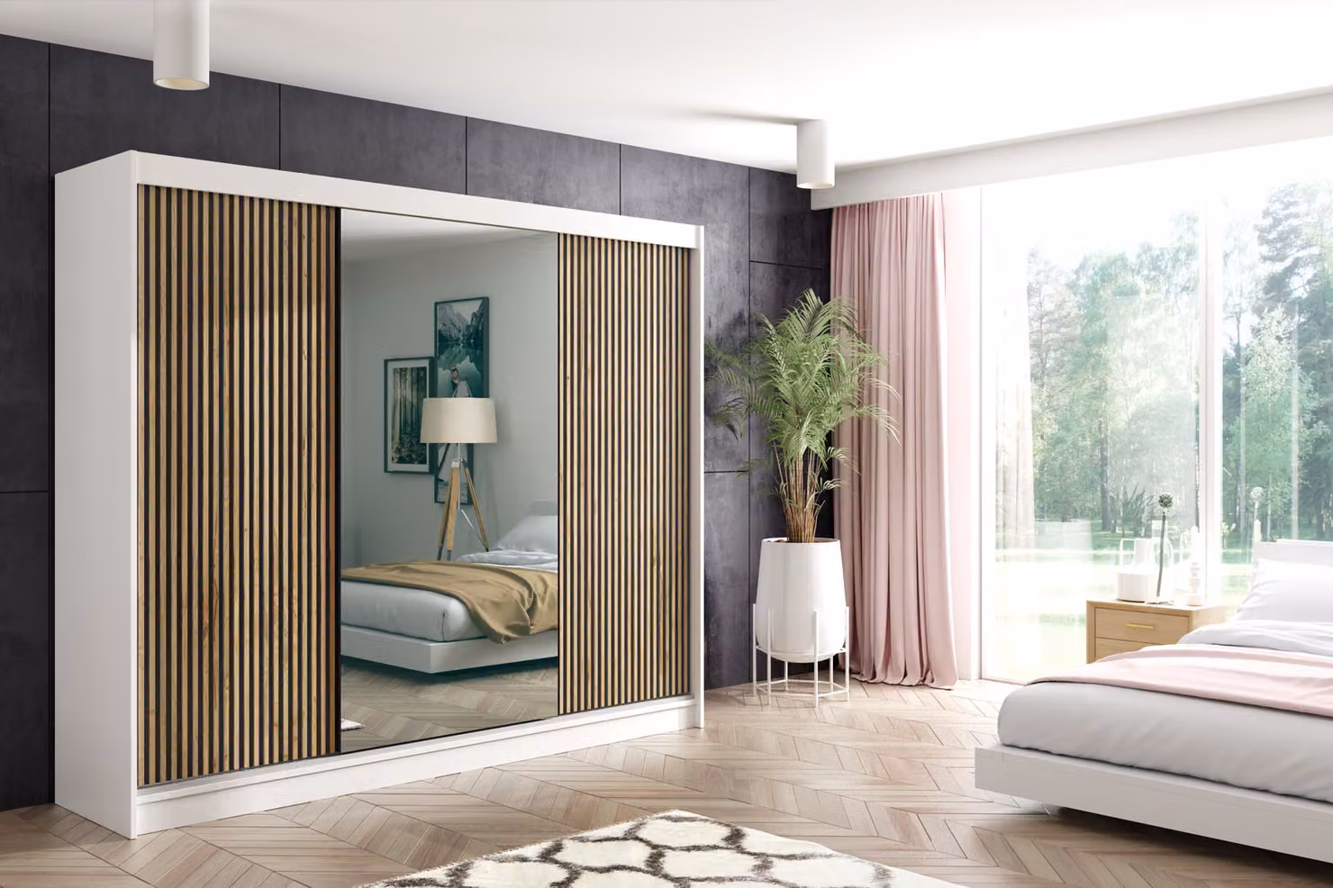 Armadio ALTDECOR con specchio e ante scorrevoli a lamelle, guide con cuscinetti a sfera e listelli in alluminio - VILO - 250 cm - Bianco/Rovere Wotan a lamelle