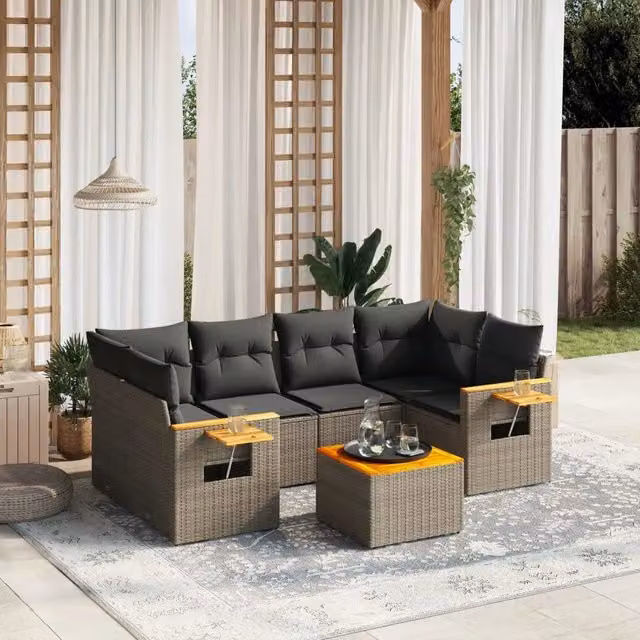 Set Divani da Giardino 7 pz con Cuscini Grigio in Polyrattan 3259043