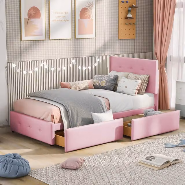 Letto imbottito 90x200 - Xylo - Beige, con cassetti