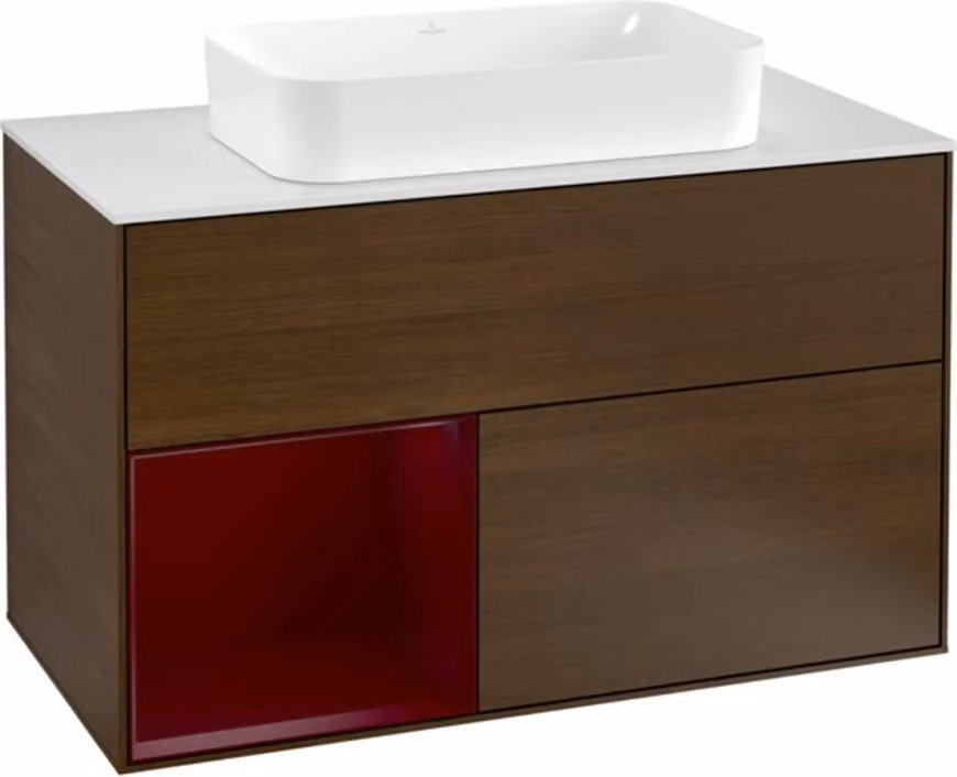 Villeroy & Boch Mobile da toilette FINION 1000 x 603 x 501 mm, con ripiano di copertura Vetro bianco opaco Elemento ripiano impiallacciato noce peonia