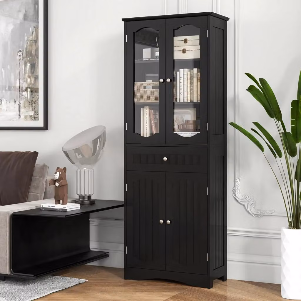 Armadietto Salvaspazio Costway Bianco e Nero con 2 Porte in Vetro Temprato, Cassetto e Ripiani Regolabili, L: 60 cm, P: 30 cm, H: 160 cm – 2