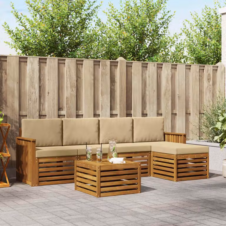 Set di divani da esterno vidaXL a forma di L in legno di acacia con tavolino e pouf, 6 pezzi, Beige e Naturale