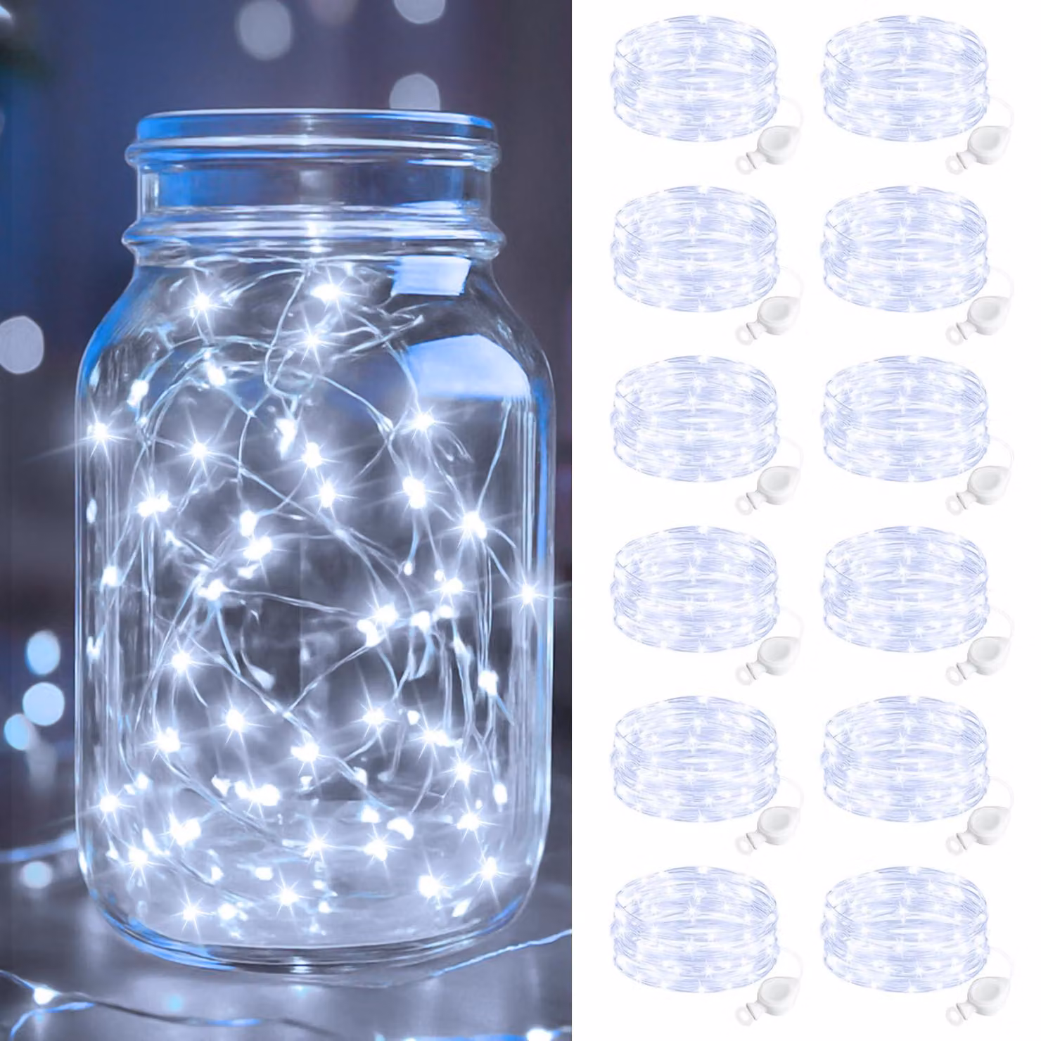 Catena luminosa, set da 12, lunghezza 2 metri, 20 LED, luce bianca fredda, alimentazione a batteria