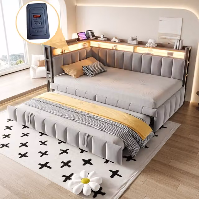 Divano letto imbottito 90x200 cm grigio con letto estraibile, LED, USB e Type-C