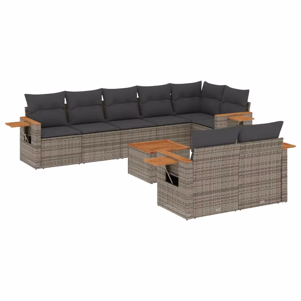 vidaXL Set Divano da Giardino 9 pz in Polyrattan Grigio con Cuscini e Tavolino da Caffè – 2