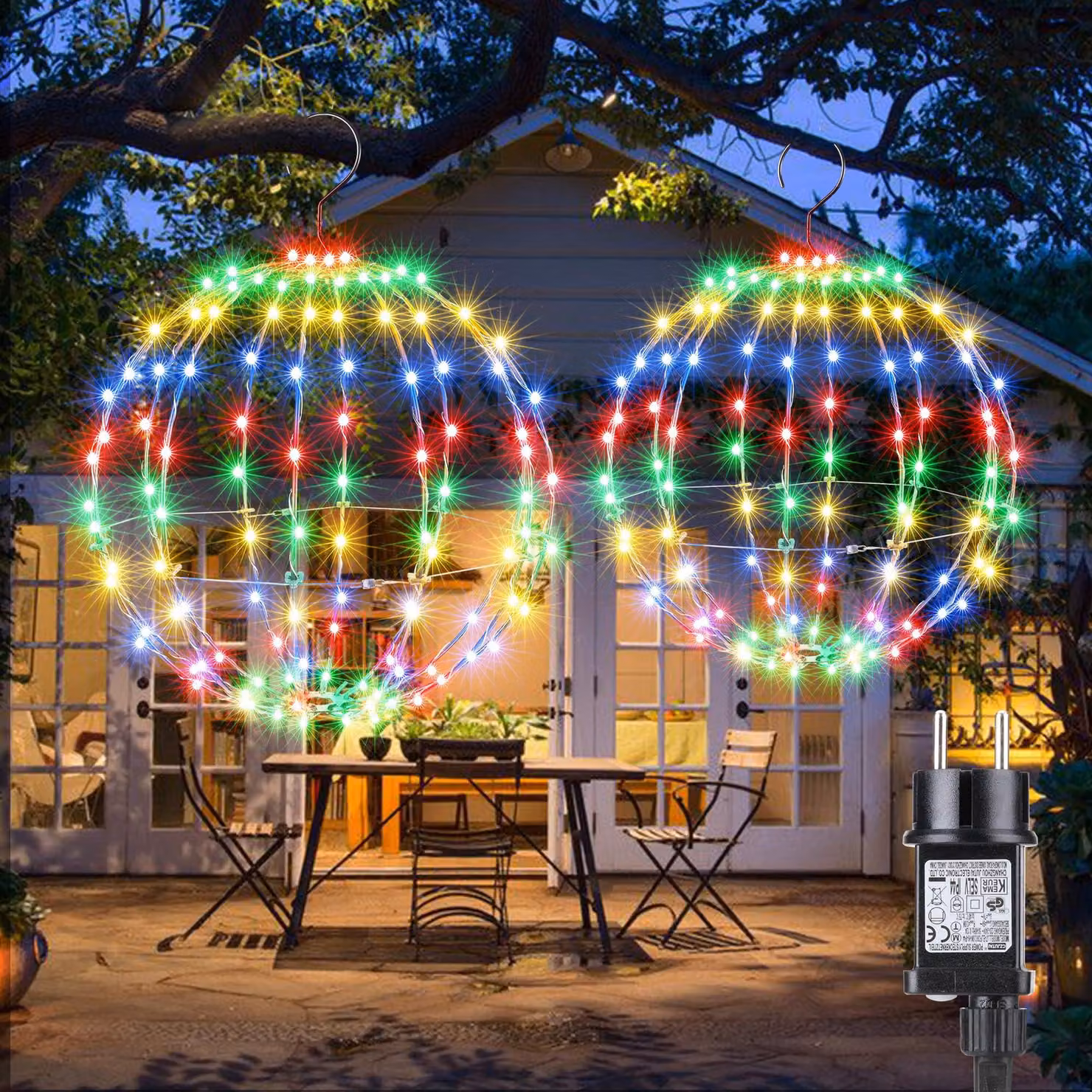 Set di due luci a globo, dimensioni 33+28 cm, multicolore, con tecnologia LED, timer integrato, adatte per uso esterno