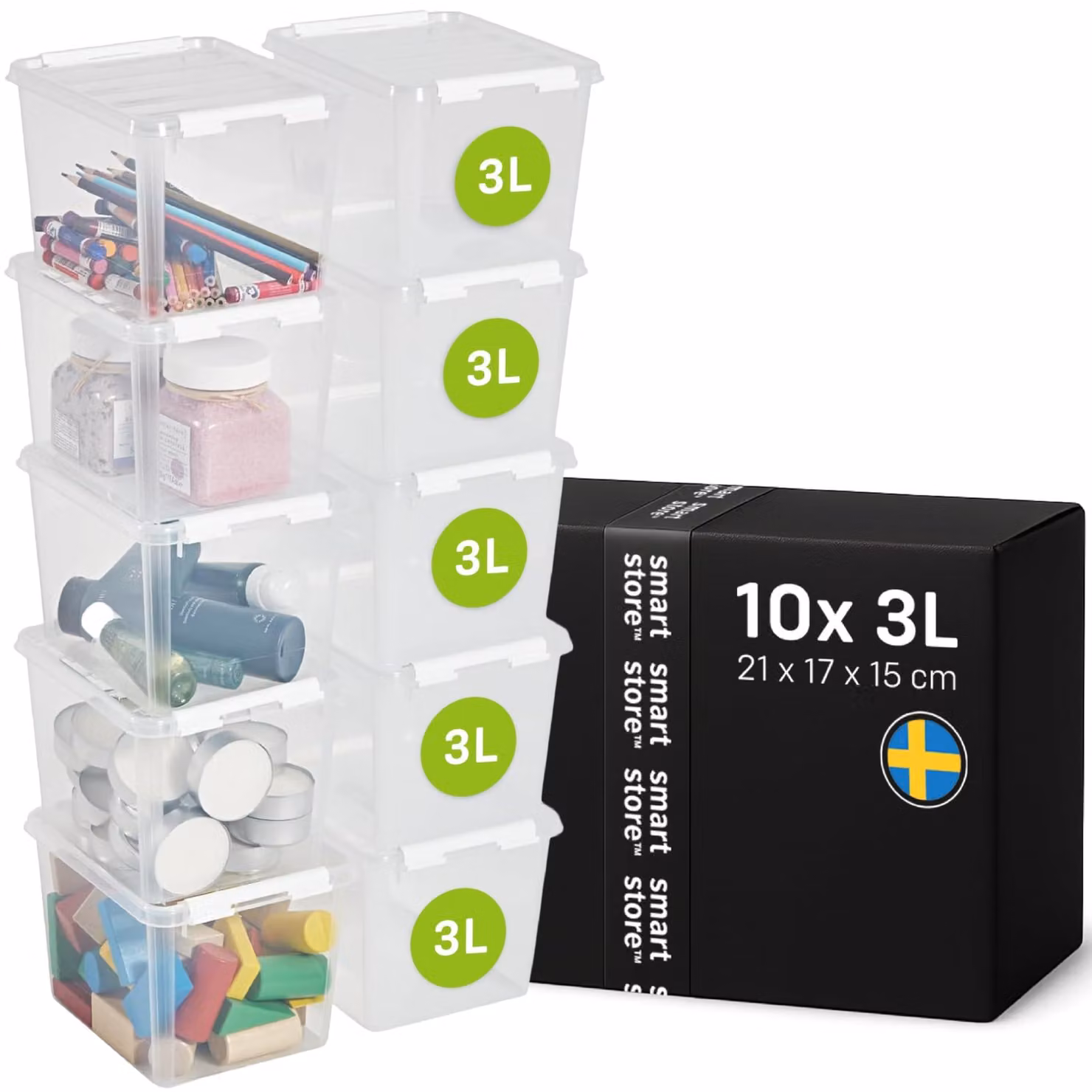 SmartStore - Contenitore di stoccaggio Classic da 3 litri con coperchio, confezione da 10 | Impilabile (Dimensioni: 21x17x15 cm)