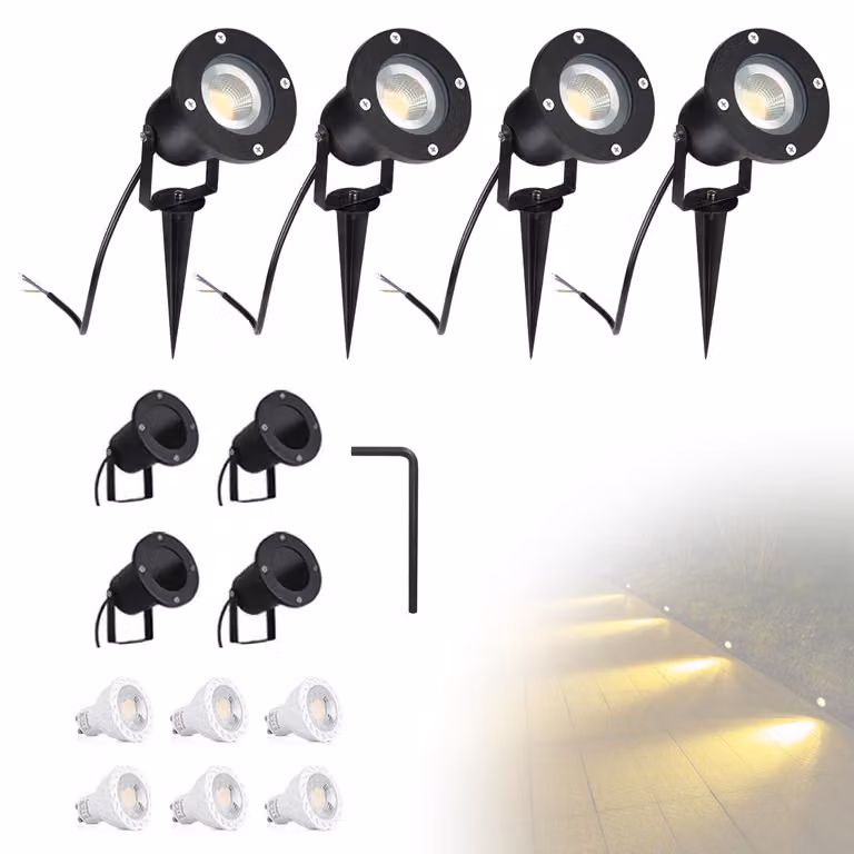 Confezione da 4 faretti LED GU10 da 5W, luce bianco caldo, grado di protezione IP65, con picchetto per il fissaggio a terra