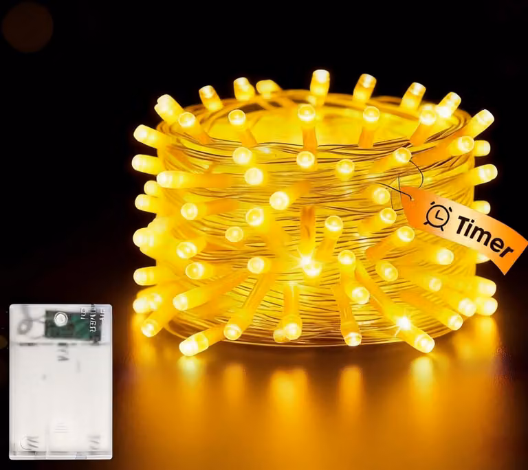 Catena luminosa a LED, 5 metri, 50 LED, luce bianco caldo, alimentazione a batteria, con timer