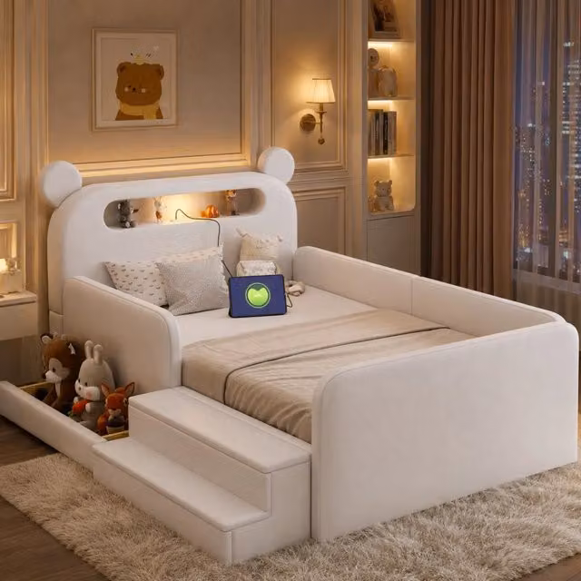 Letto per bambini 90x200 cm - Letto singolo - Letto imbottito - Letto multifunzionale - Letto a terra - Con vano contenitore - Con luce notturna - Con porta di ricarica USB - Sicuro e confortevole