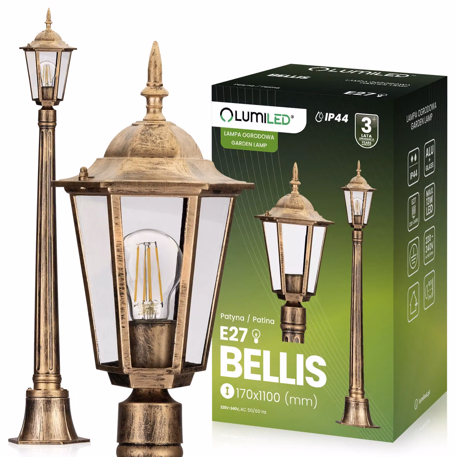 LUMILED lanterna vintage da esterno 230V 1m lampada da terra regolabile in altezza patina alluminio vetro IP44 presa E27 giardino esterno
