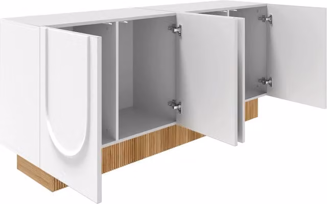 Credenza moderna con 4 ante e 4 scomparti in finitura opaca bianco legno, L: 160 cm, P: 38 cm, H: 75 cm