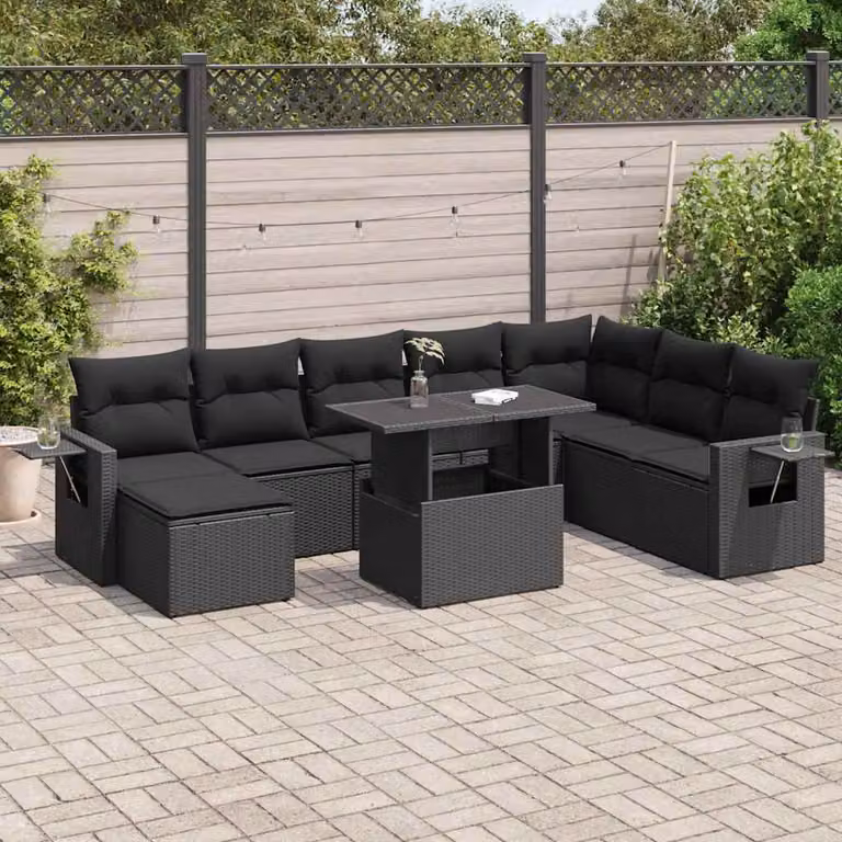 Set di divani da giardino vidaXL 9 pz in polyrattan nero con cuscini e tavolino da esterno a forma di L