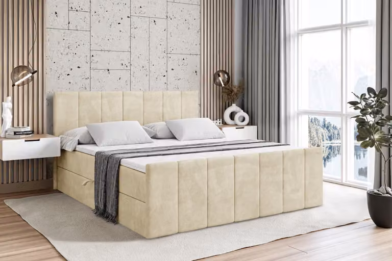 Letto boxspring ALTDECOR con pediera, materasso H4 e topper - 160x200 cm - MOETI-Z - Velluto beige - Letto imbottito con contenitore e rete a doghe, letto con spazio contenitivo