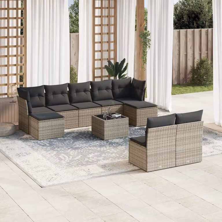 Set Divano da Giardino vidaXL 10 pz in Polyrattan Grigio con Cuscini e Tavolino