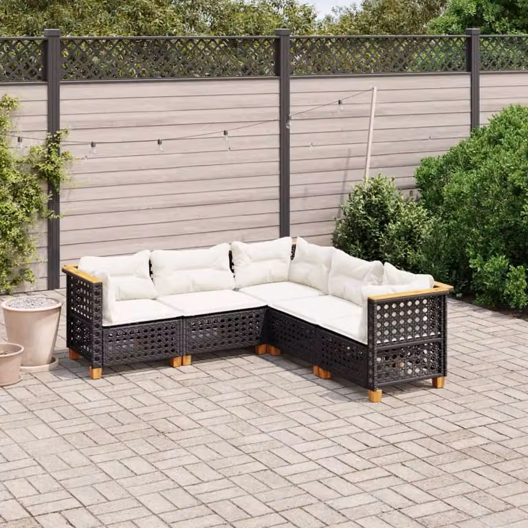 vidaXL Set Divani da Giardino 5 pz a Forma a L in Polyrattan Nero con Cuscini e Rivestimenti Rimovibili