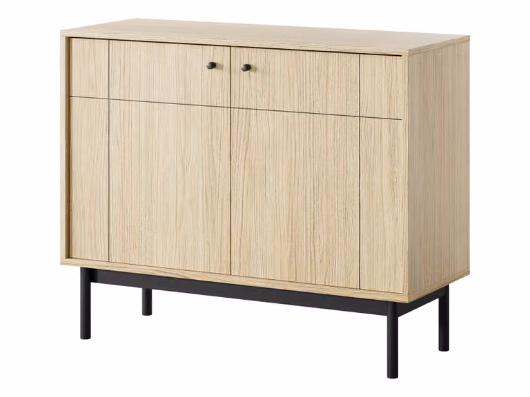 Comodino: 2 ante, finitura rovere chiaro/nero, dimensioni 103,5 x 39 x 83,5 cm