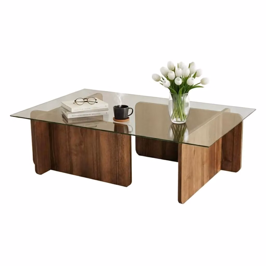 Tavolino da salotto moderno DMORA con piano in vetro trasparente e struttura in legno marrone L: 126 cm, P: 65 cm, H: 40 cm – 2