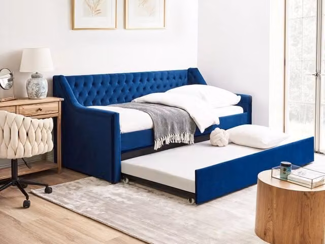 Letto da Giorno Estraibile Beliani in Velluto Blu con Rete a Doghe L: 90 cm, P: 200 cm, H: 91 cm