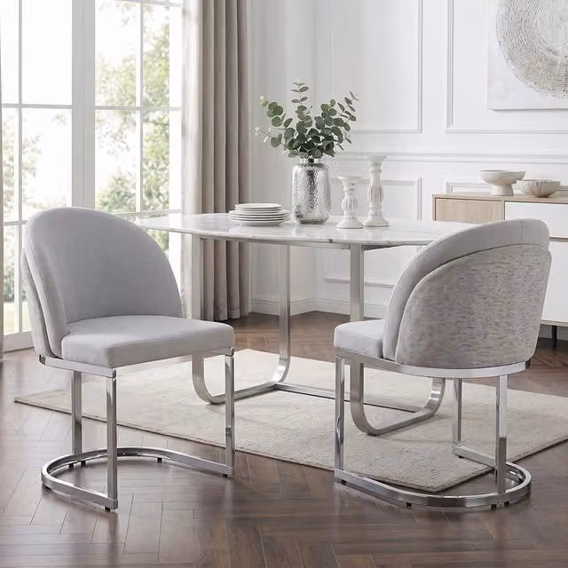 Set di 2 sedie da pranzo Minimal in tessuto chenille grigio chiaro con gambe in metallo argento stile moderno – 1