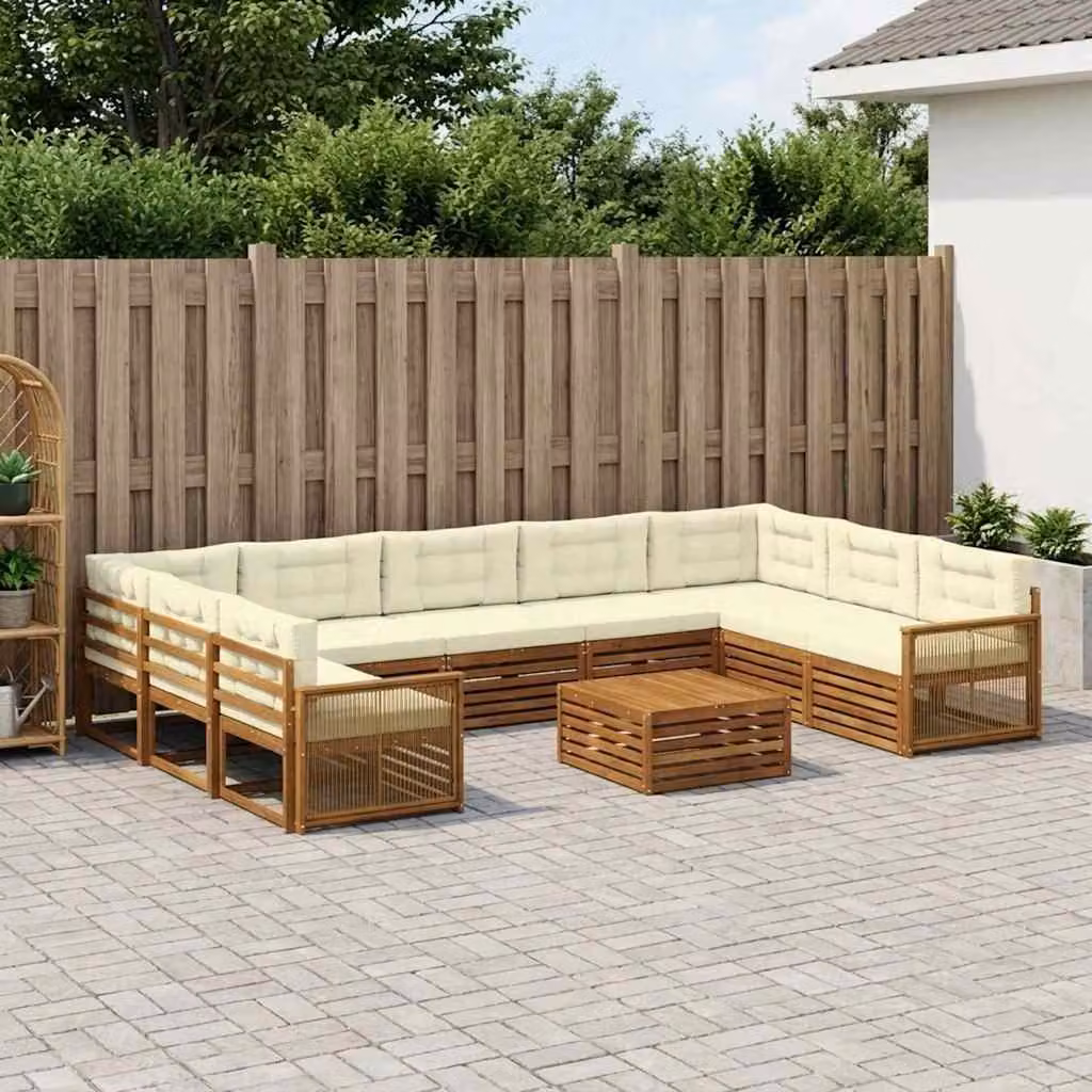 Set di divani da esterno vidaXL a forma di U in legno di acacia con tavolino da caffè, 10 pezzi, Beige, Bianco e Marrone