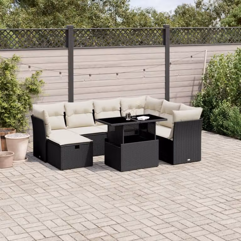 vidaXL Set Divani da Giardino a L con Cuscini 8 pz in Polyrattan Nero e Bianco