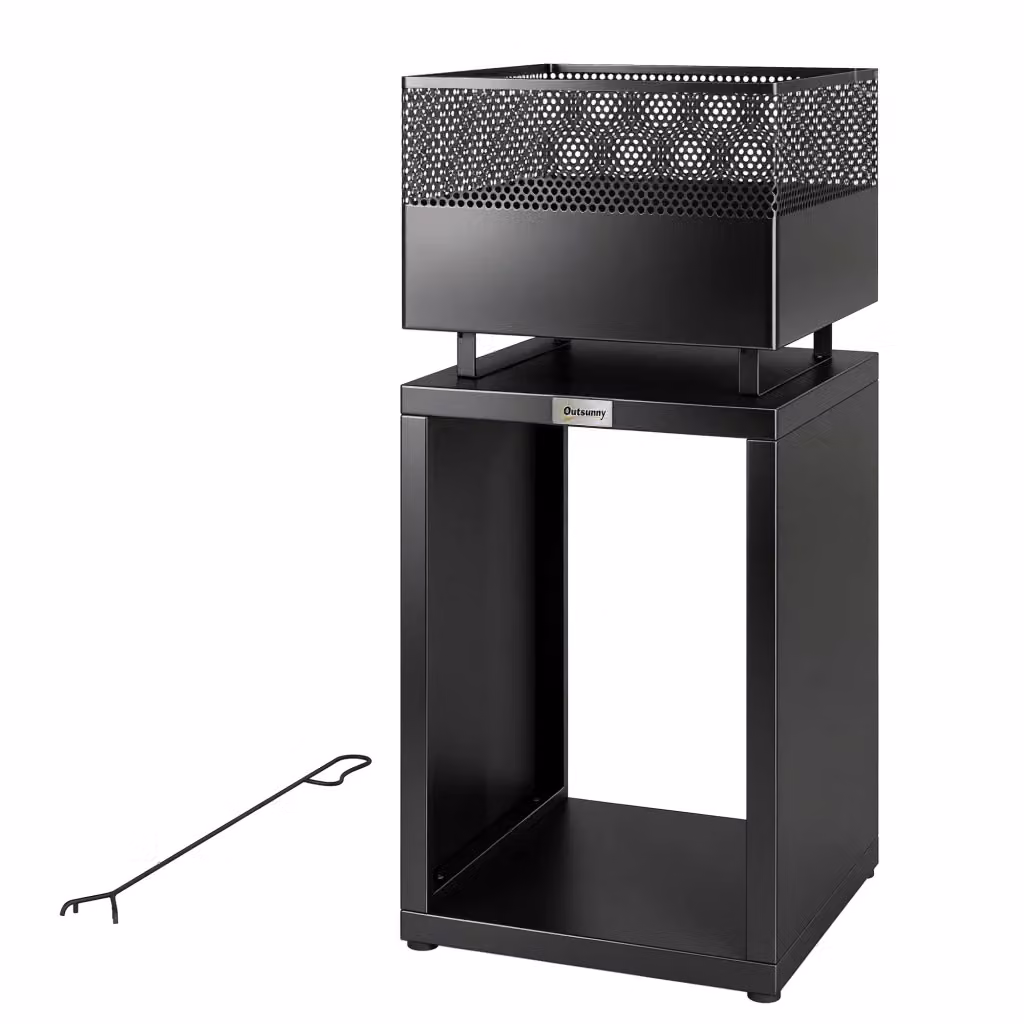 Braciere da giardino XYLO con griglia per carbone e porta legna in metallo nero L/P/H: 39 x 39 x 87 cm – 2