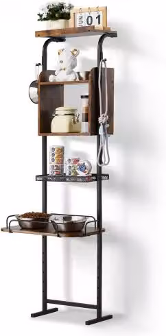 Stazione di Alimentazione per Animali Domestici Vevor con Contenitore e Ripiani Portaoggetti, Montaggio da Parete in Metallo e MDF, Disponibile in Nero o Marrone, H x L x P: 145,0 x 50,0 x 19,8 cm