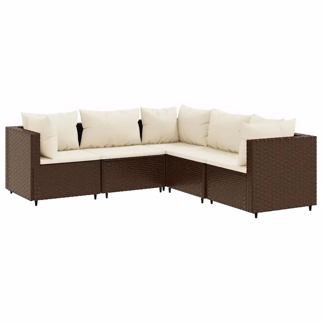 Set di Divani da Giardino vidaXL 5 pz a Forma di L con Cuscini Marrone e Bianco in Polyrattan e Acciaio – 2