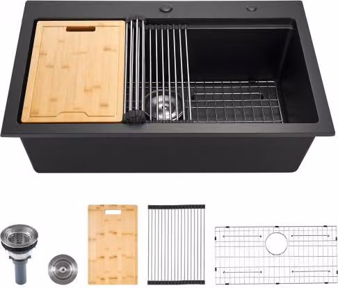 Lavello da cucina in granito VEVOR nero per montaggio ad appoggio o incasso con accessori, L 84,0 cm x P 56,0 cm x H 25,0 cm