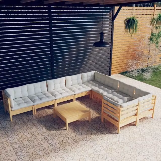 Set di Divani da Giardino vidaXL in Legno di Pino Massello con Cuscini Beige, 10 Pezzi – 1