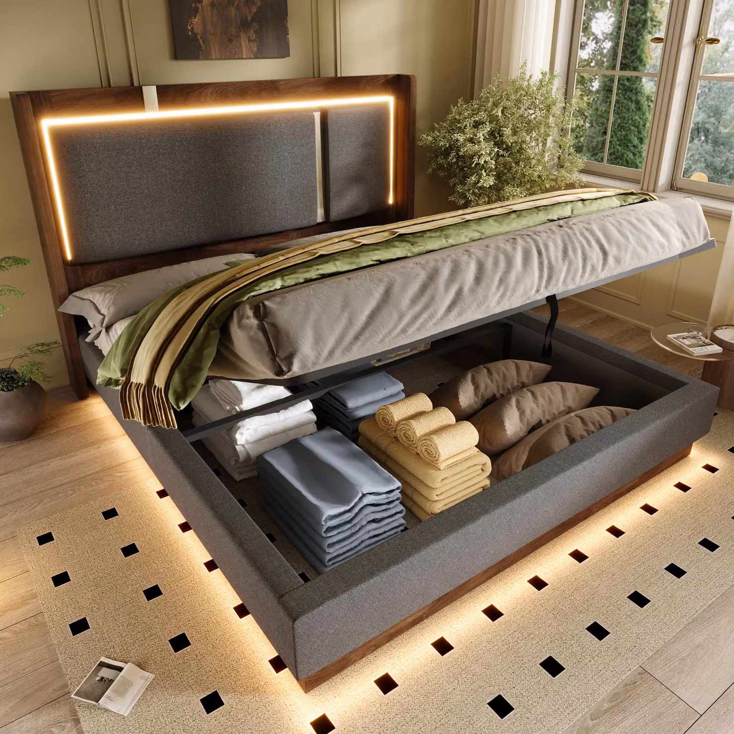 Letto per ragazzi STILVORA 140x200 con materasso, rete a doghe e illuminazione a LED; letto imbottito con contenitore idraulico; divano letto in lino grigio e noce