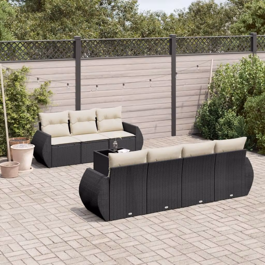 Set di divani da giardino vidaXL in polyrattan nero con 8 pezzi e cuscini inclusi – 1