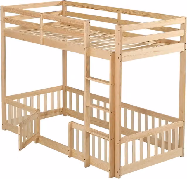 Letto a castello in pino e LVL naturale 90x200 cm con scala angolare, cancelli di sicurezza e porta
