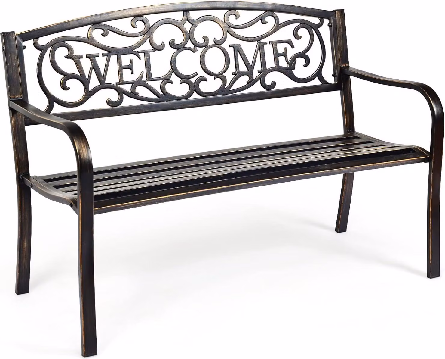 KOMFOTTEU Panchina da giardino in metallo, panchina con schienale e braccioli, panchina da parco resistente alle intemperie, panchina da riposo in ferro, 127 x 63 x 88 cm, per balcone, giardino, terrazza
