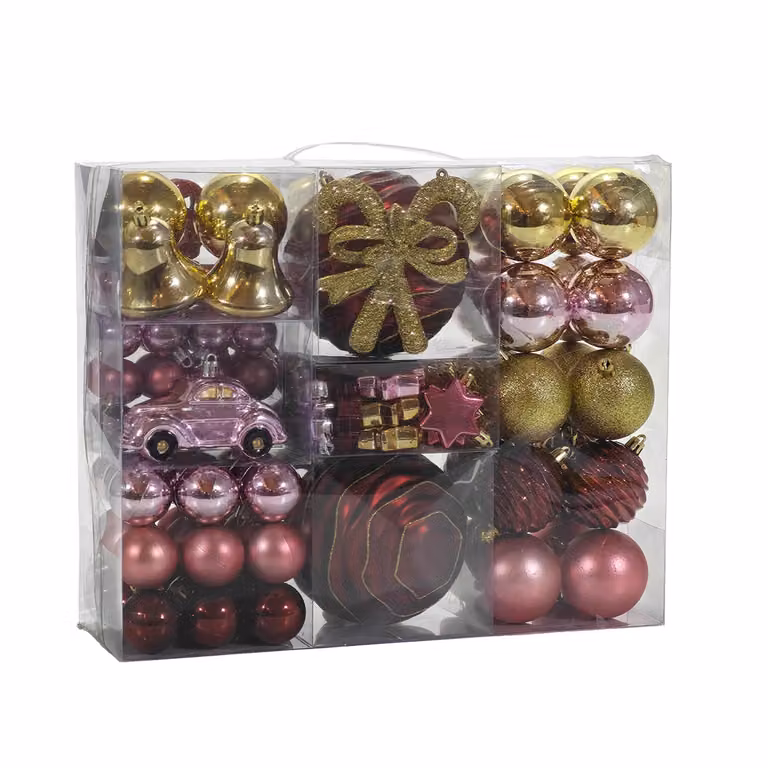 VESTIAMO CASA Decorazioni Natalizie Glamour 100 Pezzi Rosa Oro e Bordeaux con Stelle e Campanelle
