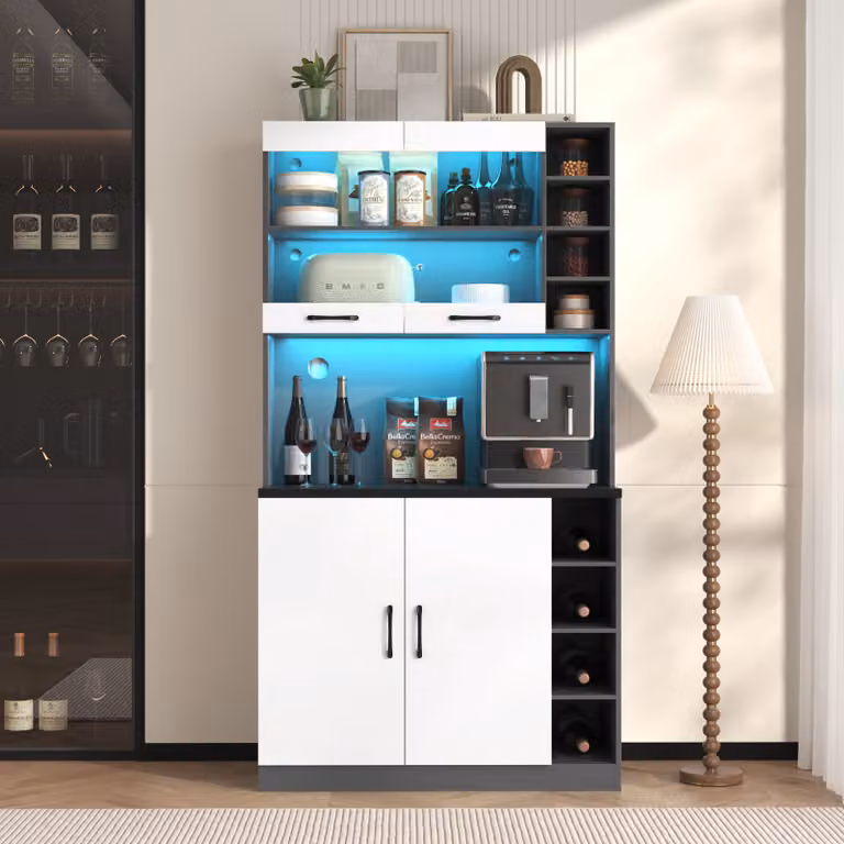 Flieks cucina mobili alti cucina a buffet con LED, mobili da cucina a buffet con vani a giorno, mobile buffet alto cucina, bianco