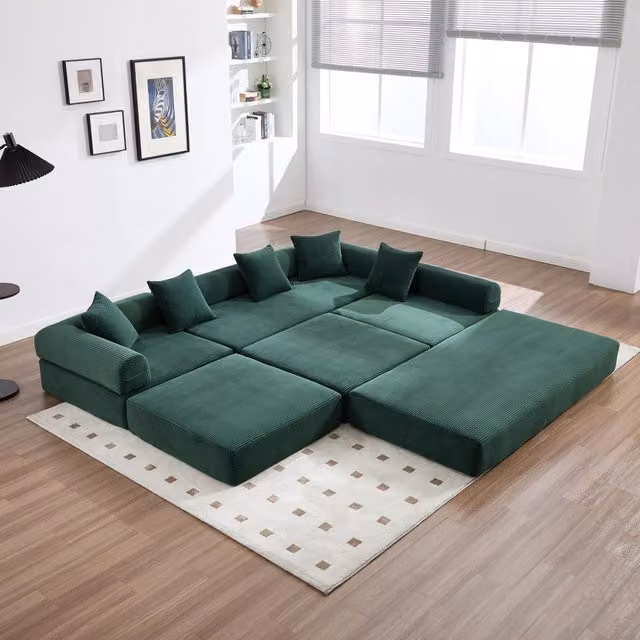Canapé modulare OKWISH con funzione letto, rivestimento in velluto a coste verde smeraldo, L/P/H: 270 x 180 x 64 cm
