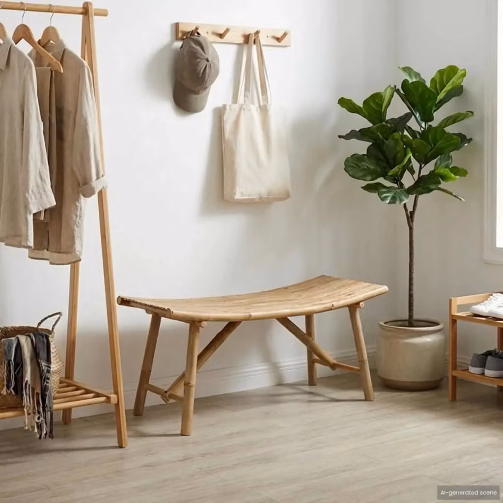 Panchina da giardino moderna in bambù marrone L: 110 cm, P: 45 cm, H: 50 cm – 2