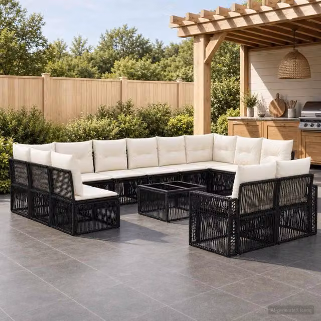 Set Divano da Giardino a Forma a U vidaXL in Polyrattan con Cuscini, Nero e Bianco – 1