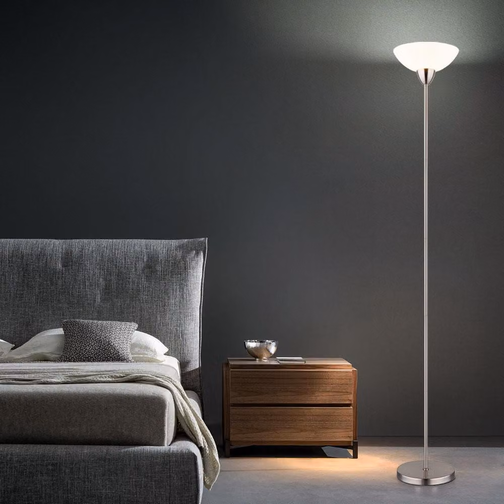 Lampada da terra, vetro opalino, nichel opaco, H 180 cm