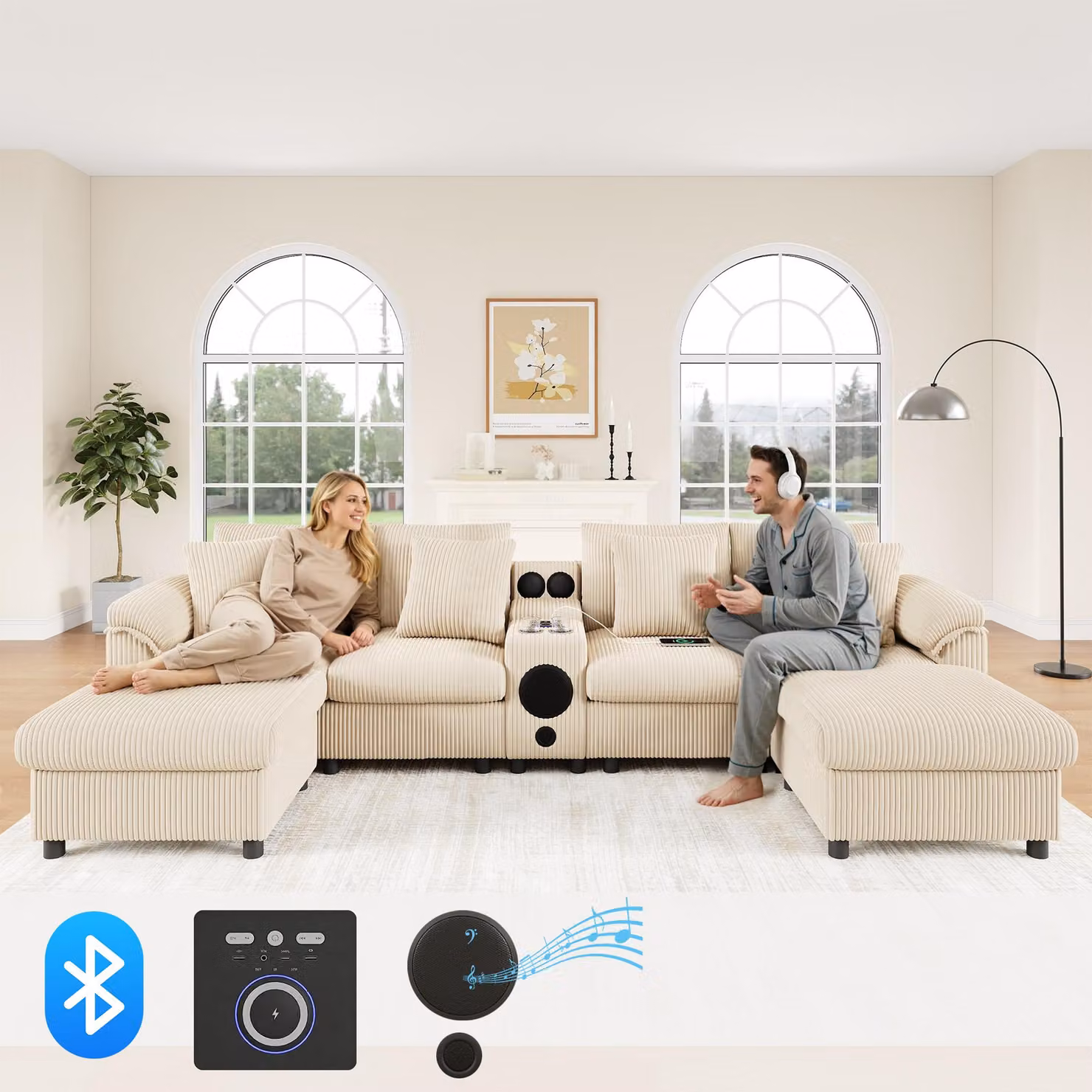 Merax Divano ad angolo a 4 posti a forma di U, divano modulare in velluto con altoparlanti Bluetooth, ricarica wireless, porte USB, portabevande, divano, beige
