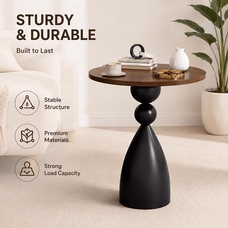 Tavolino rotondo - Stile moderno e minimalista - Piano in legno color noce - Struttura in metallo - Altezza 59 cm - Assemblaggio richiesto