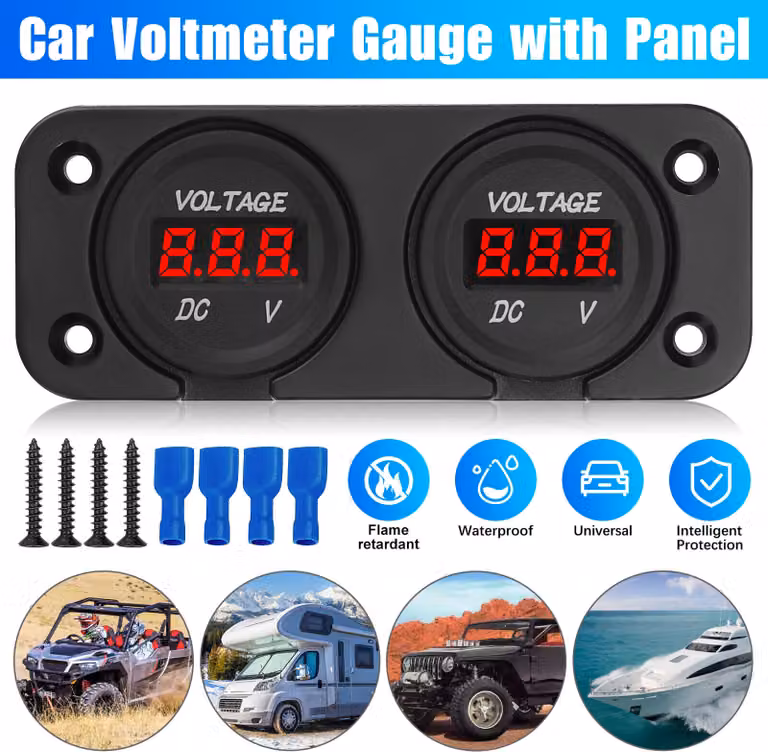 Set da 1 per auto e moto, 12/24 V CC, doppio indicatore di tensione a LED con display, voltmetro, nero