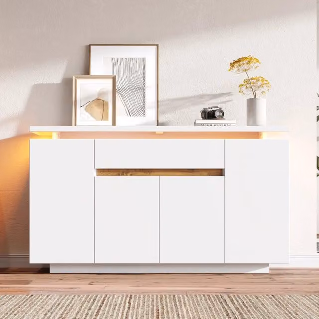 Madia moderna Mivray bianca con illuminazione LED integrata, 2 ripiani regolabili e cassetto, L: 140 cm, P: 40 cm, H: 80 cm