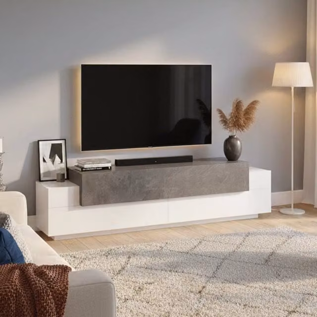 Mobile da soggiorno DMORA Porta Arold in stile moderno, Bianco lucido e Grigio Cenere, L: 200 cm, P: 45 cm, H: 52 cm