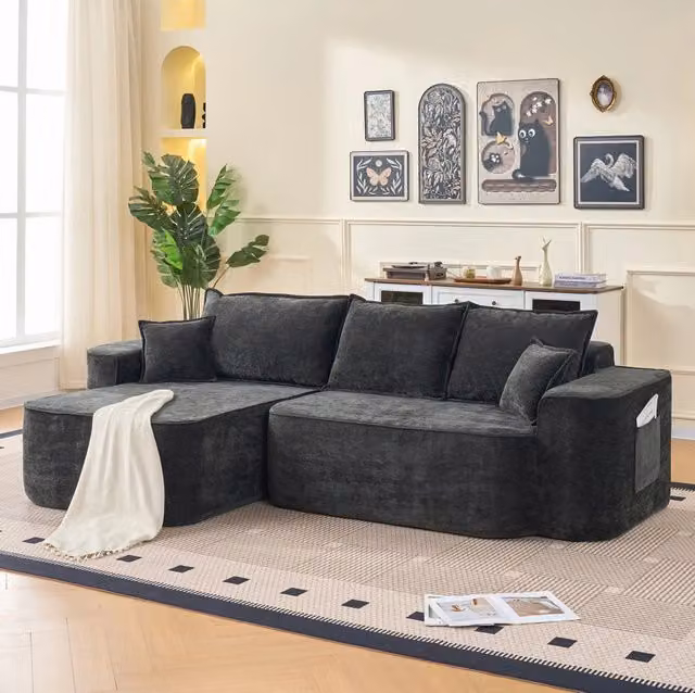 Divano angolare modulare in ciniglia nero 262x144x65 cm senza montaggio